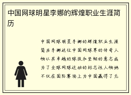 中国网球明星李娜的辉煌职业生涯简历